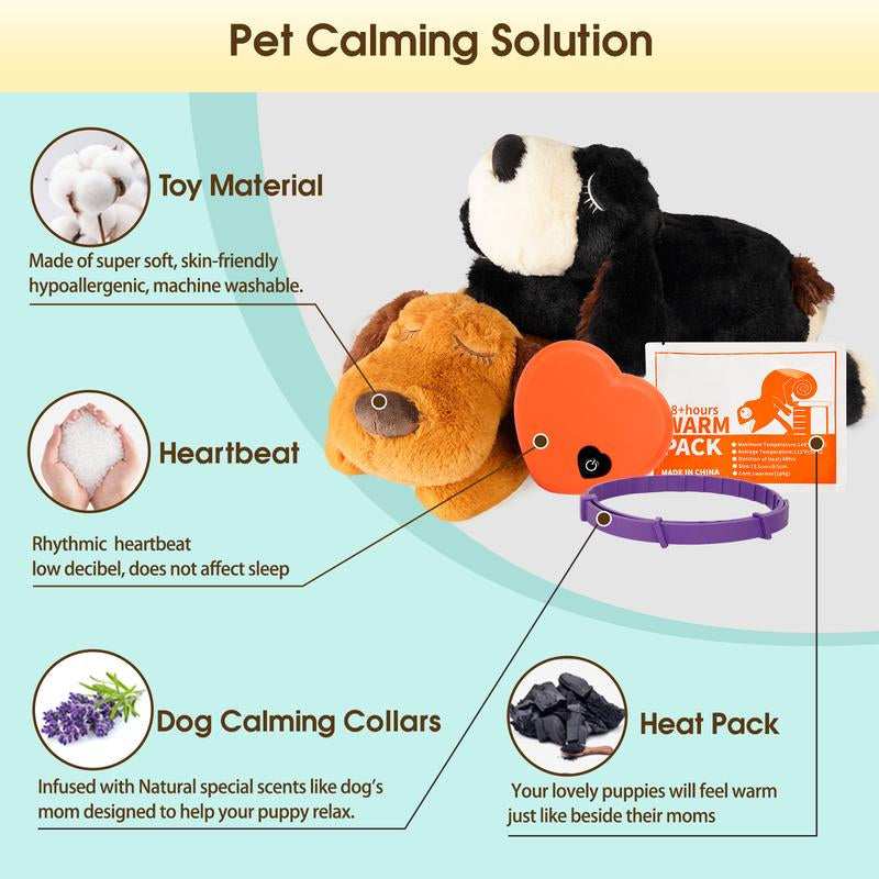 2025 Dog Puppy Toy with Heartbeat New Model, Calming Dog Toy Set with Collar, 48H Warm Pack (Black)