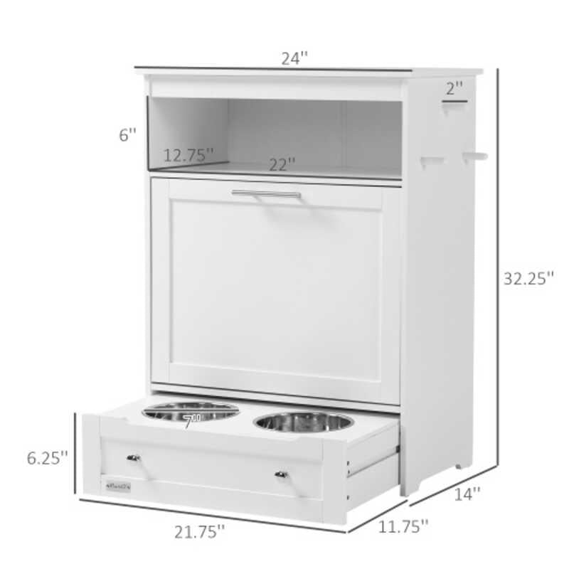 Pet Feeder Station Cabinet Food Storage Container with Dog Raised Bowls and Hanger for Feeding Watering Supplies White