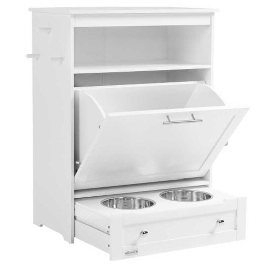 Pet Feeder Station Cabinet Food Storage Container with Dog Raised Bowls and Hanger for Feeding Watering Supplies White