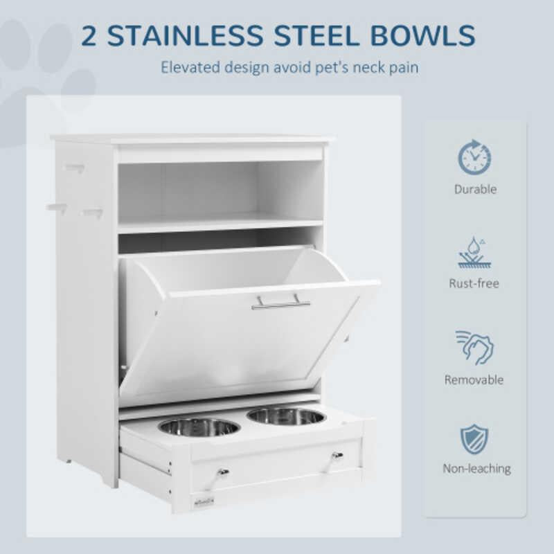 Pet Feeder Station Cabinet Food Storage Container with Dog Raised Bowls and Hanger for Feeding Watering Supplies White
