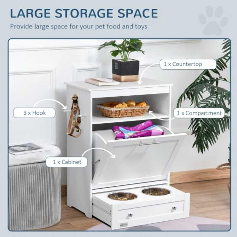 Pet Feeder Station Cabinet Food Storage Container with Dog Raised Bowls and Hanger for Feeding Watering Supplies White