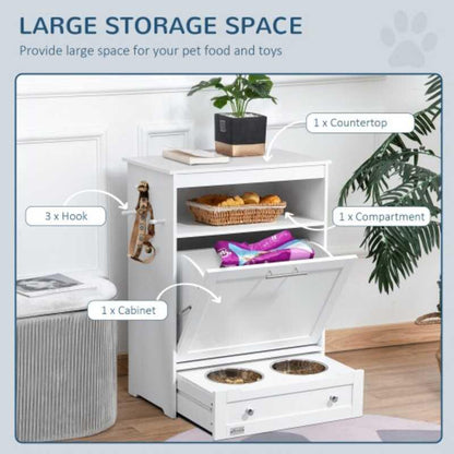 Pet Feeder Station Cabinet Food Storage Container with Dog Raised Bowls and Hanger for Feeding Watering Supplies White