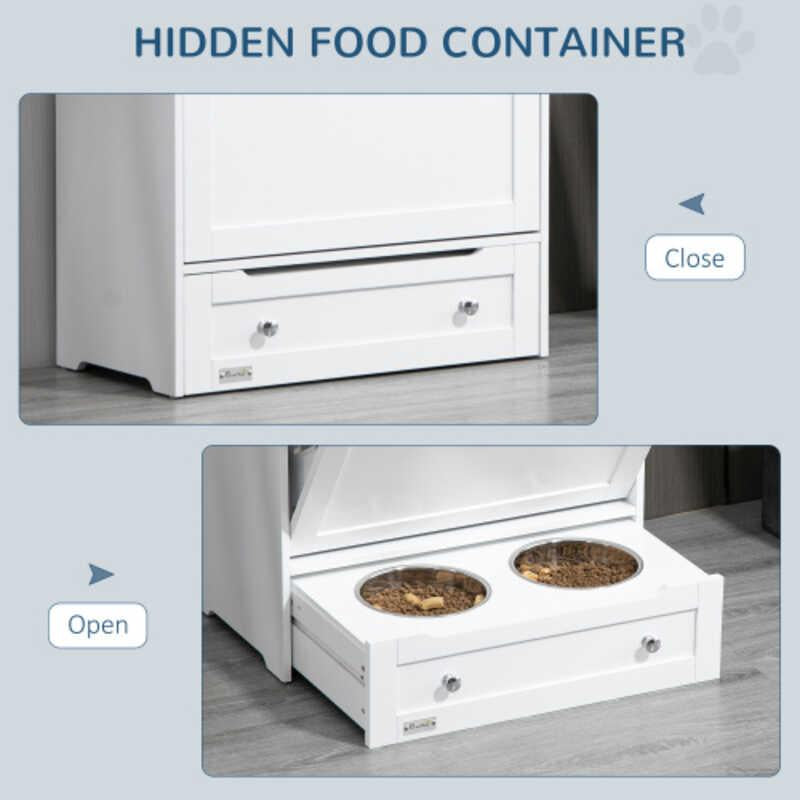 Pet Feeder Station Cabinet Food Storage Container with Dog Raised Bowls and Hanger for Feeding Watering Supplies White
