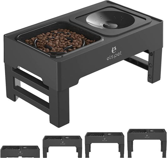 Elevated Slow Feeder Dog Bowl with No Spill Water Bowl 4 Height Adjustable Raised Non-Slip with Stand for Small Medium Large Dogs Pet Food