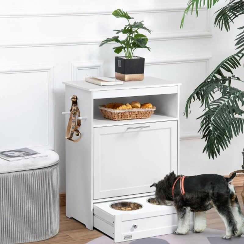 Pet Feeder Station Cabinet Food Storage Container with Dog Raised Bowls and Hanger for Feeding Watering Supplies White