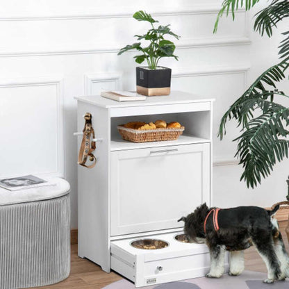 Pet Feeder Station Cabinet Food Storage Container with Dog Raised Bowls and Hanger for Feeding Watering Supplies White
